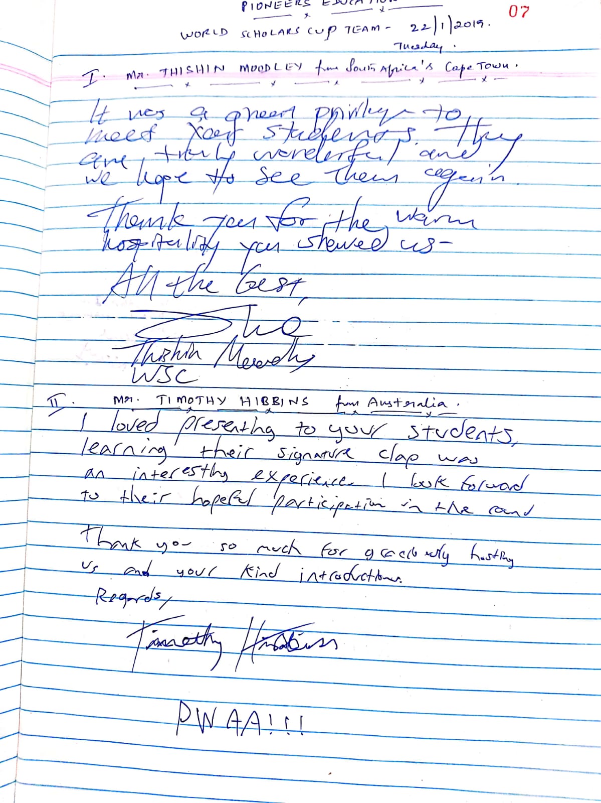 Thishin Moodley & Timothy Hibbins guestbook note